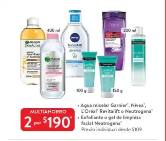 Walmart Agua Micelar Garnier Nivea L'Oreal Revitalift o Neutrogena / Exfoliante o gel de limpieza facial Neutrogena oferta