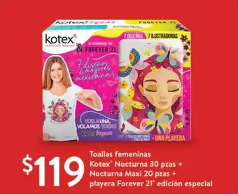 Toallas Femeninas Kotex Nocturna 30 pzas + Nocturna Maxi 20 pzas + Playera Forever 21 edicion especial