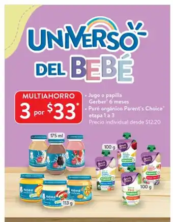 Walmart Jugo o Papilla Gerber 6 meses / Pure Organico Parent's Choice etapa 1 a 3 oferta
