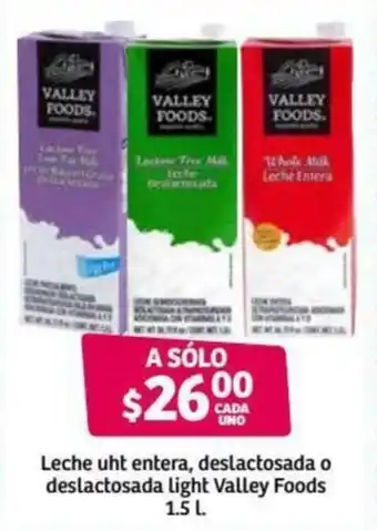 Soriana Híper Leche UHT Entera, Deslactosada o Deslactosada Light Valley Foods 1.5L oferta