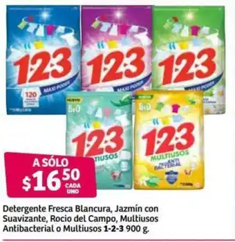 Soriana Híper Detergente Fresca Blancura, Jazmín con Suavizante, Rocio del Campo, Multiusos Antibacterial o Multiusos 1-2-3 900g oferta