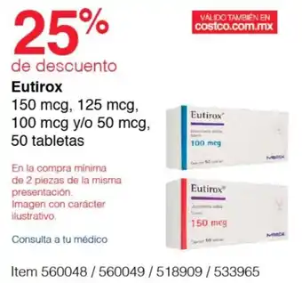 Costco Eutirox 150 mcg, 125 mcg, 100 mcg y/o 50 mcg, 50 tabletas oferta
