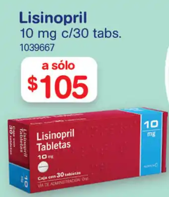 Farmacias Benavides Lisinopril 10mg c/30 tabs. oferta
