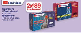 Farmacias Benavides Naproxeno/Paracetamol c/15 tabs. Ibuprofeno 400mg c/20 cáps. oferta