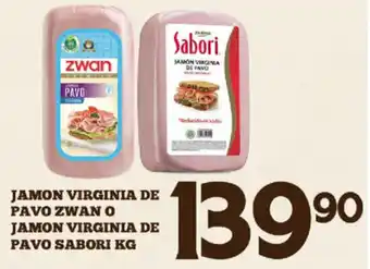 Alsuper Jamon Virginia de pavo Zwan o Jamon Virginia de Pavo Sabori kg oferta