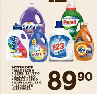 Alsuper Detergente *Mas 3LTS *Ariel 2.8LTS *Ace 2.8LTS *Persil 3LTS *Savia 4.65Lts *123 4.65Lts A Escoger oferta