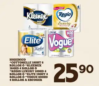 Alsuper Higienico *Cottonelle 180HT 6 Rollos *Kleenex 364HD 4 Rollos *Regio Luxury 189HD 4 Rollos *Elite 190HT 4 Rollos *Vogue 600HD oferta