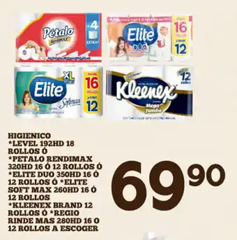 Alsuper Higienico*Level 192HD 18Rollos *Petalo Rendimax 320HD 16 o 12Rollos *Elite Duo 350HD 16 o 12Rollos *Elite soft Max*Kleenex Br oferta