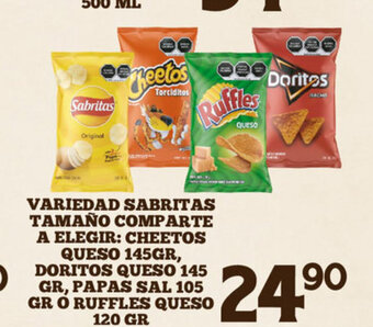 Alsuper Variedad Sabritas Tamaño Comparte A Elegir: Cheetos Queso 145gr, Doritos Queso 145gr, papas Sal 105gr o Ruffles Queso 120gr oferta