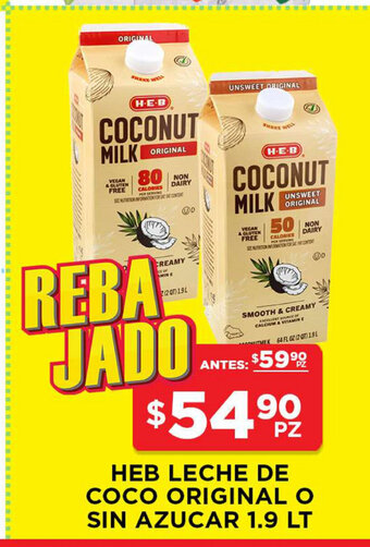 HEB Heb Leche de Coco Original o Sin Azucar 1.9lt oferta