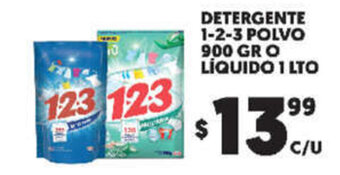 Detergente 1-2-3 Polvo 900g o Líquido 1L