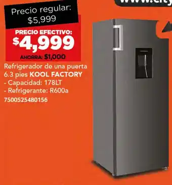 City Club KOOL FACTORY Refrigerador de una puerta 6.3 pies 178LT oferta