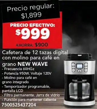 NEW WAVE Cafetera de 12 tazas digital con molino para café en grano