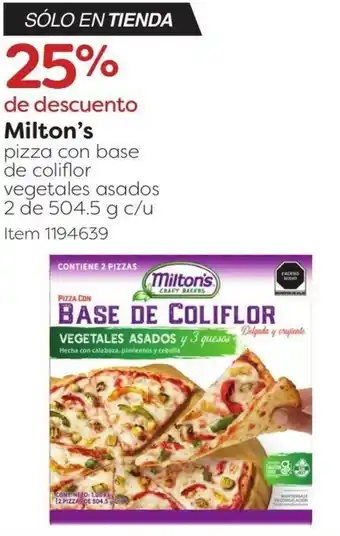 Milton's pizza con base de coliflor vegetales asados 2 de 504.5 g c/u