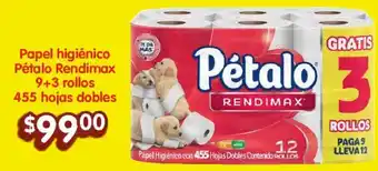 Soriana Híper Papel higiénico Pétalo Rendimax 9+3 rollos 455 hojas dobles oferta