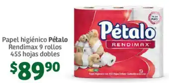 Soriana Híper Papel higiénico Pétalo Rendimax 9 rollos 455 hojas dobles oferta