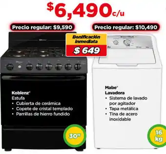 Bodega Aurrerá Koblenz Estufa 30", Mabe Lavadora 16kg oferta