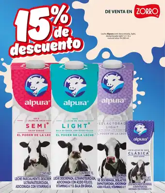 Leche Alpura semi descremada, light, deslactosada light 12-1 It y natural tetra 24-200 ml.