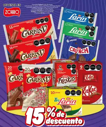 Carlos V 28-16 pzs. Larín 30-10-24 gr Crunch 12-6-40 gr Tin Larín 12-10-21 gr Freskas c/caramelo 16-9-35 gr Kit Kat 22-9 pzs.