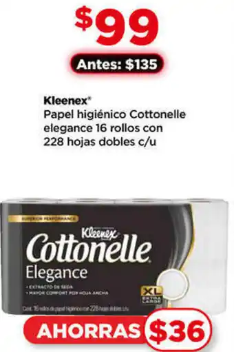 Bodega Aurrerá Kleenex Papel higiénico Cottonelle elegance 16 rollos con 228 hojas dobles c/u oferta