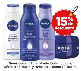 Nivea body milk hidratante, body nutritiva, soft milk 15-400 ml y creme tarro domo 12-500 ml.