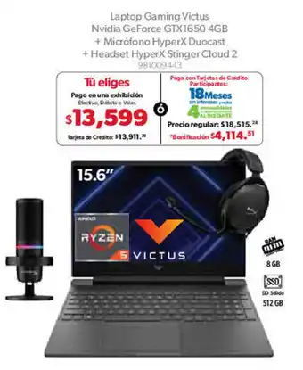 Sam's Club HP Laptop Gaming Victus Nvidia GeForce GTX1650 4GB + Micrófono HyperX Duocast + Headset HyperX Stinger Cloud 2 oferta