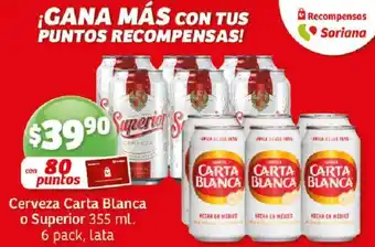 Soriana Híper Cerveza Carta Blanca o Superior 355 ml. 6 pack, lata oferta