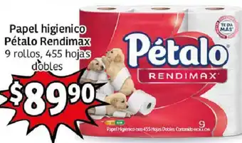 Soriana Híper Papel higienico Pétalo Rendimax 9 rollos, 455 hojas dobles oferta