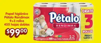 Soriana Híper Papel higiénico Pétalo Rendimax 9+3 rollos 455 hojas dobles oferta