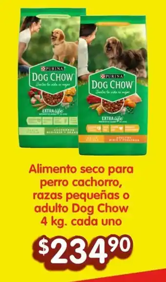 Soriana Híper Alimento seco para perro cachorro, razas pequeñas o adulto Dog Chow 4 kg. cada uno oferta