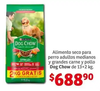 Soriana Híper Alimento seco para perro adultos medianos y grandes carne y pollo Dog Chow de 13+2 kg. oferta