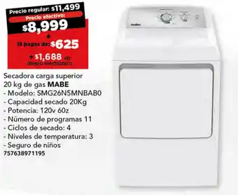 City Club Secadora carga superior 20 kg de gas MABE oferta