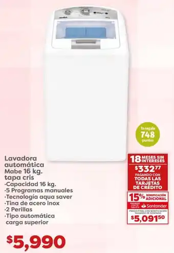 Soriana Híper Lavadora automática Mabe 16 kg. oferta