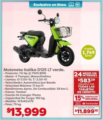 Soriana Híper Motoneta Italika D125 LT verde oferta