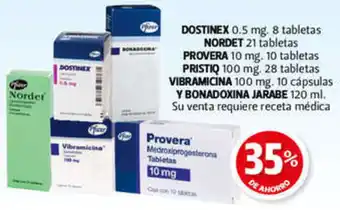 Farmacias Guadalajara DOSTINEX 0.5mg 8 tabletas, NORDET 21 tabletas, PROVERA 10mg 10 tabletas, PRISTIQ 100mg 28 tabletas oferta