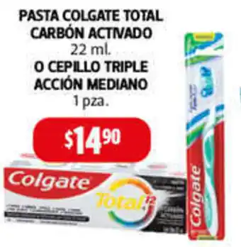 Farmacias Guadalajara PASTA COLGATE TOTAL CARBÓN ACTIVADO 22 ml O CEPILLO TRIPLE ACCIÓN MEDIANO 1 pza. oferta