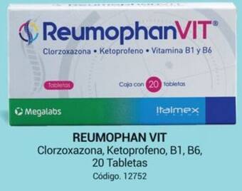 Farmacias Bazar REUMOPHAN VIT Clorzoxazona, Ketoprofeno, B1, B6, 20 Tabletas oferta