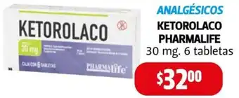 Farmacias Guadalajara ANALGÉSICOS KETOROLACO PHARMALIFE 30 mg. 6 tabletas oferta