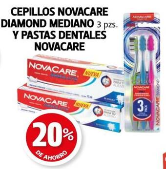 Farmacias Guadalajara CEPILLOS NOVACARE DIAMOND MEDIANO 3 pzs. Y PASTAS DENTALES NOVACARE oferta