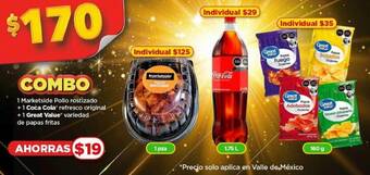 Bodega Aurrerá COMBO 1 Marketside Pollo rostizado + 1 Coca Cola® refresco original + 1 Great Value* variedad de papas fritas oferta