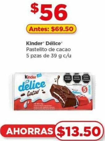 Bodega Aurrerá Kinder Délice Pastelito de cacao 5 pzas de 39 g c/u oferta