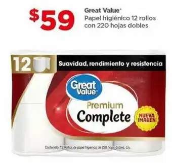Bodega Aurrerá Great Value Papel higiénico 12 rollos con 220 hojas dobles oferta