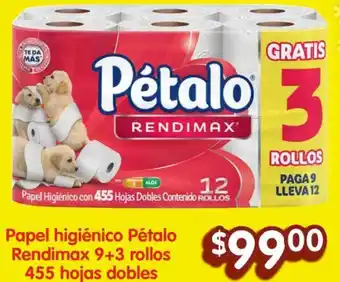 Soriana Híper Papel higiénico Pétalo Rendimax 9+3 rollos 455 hojas dobles oferta