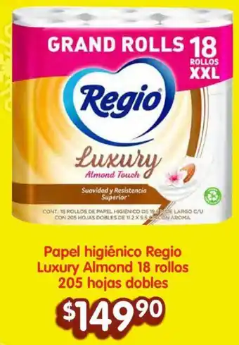 Soriana Híper Papel higiénico Regio Luxury Almond 18 rollos 205 hojas dobles oferta