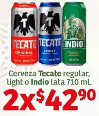 Soriana Híper Cerveza Tecate regular, light o Indio lata 2x710 ml. oferta