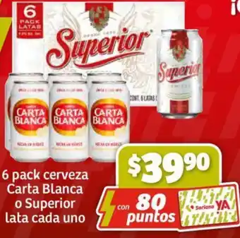 Soriana Híper 6 pack cerveza Carta Blanca o Superior lata cada uno oferta