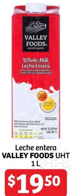 Soriana Híper Leche entera VALLEY FOODS UHT 1L oferta