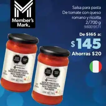 Sam's Club Member's Mark Salsa para pasta De tomate con queso romano y ricotta 2/700g oferta