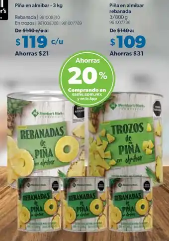 Sam's Club Piña en almibar 3kg/ Piña en almibar rebanada 3/800g oferta