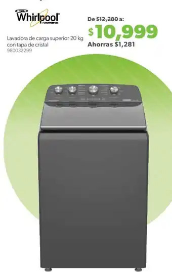 Sam's Club Whirlpool Lavadora de carga superior 20 kg con tapa de cristal oferta